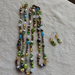 Cookie Lee 62" Foiled Glass Ceramic Beaded Necklace & Pierced Earring Set